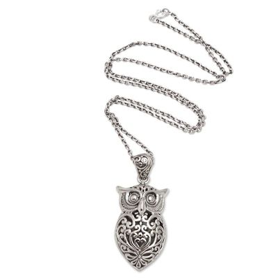 Alternate image for Hand Crafted Sterling Silver Owl Pendant Necklace Knowing Owl