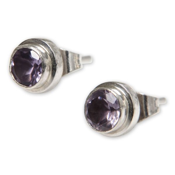 Alternate image for Round Amethyst and Sterling Silver 925 Stud Earrings Purple Simplicity