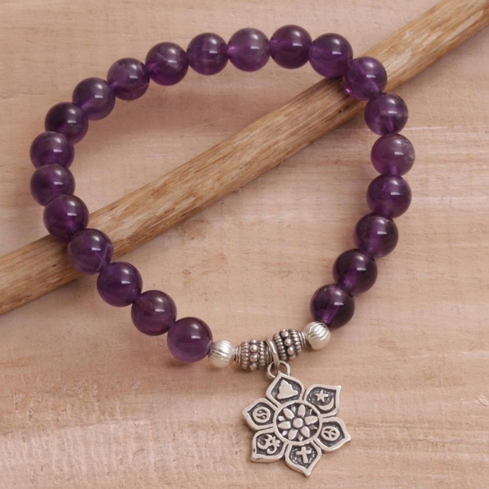 Amethyst Religious Beaded Stretch Bracelet from Bali 'Unity Flower'