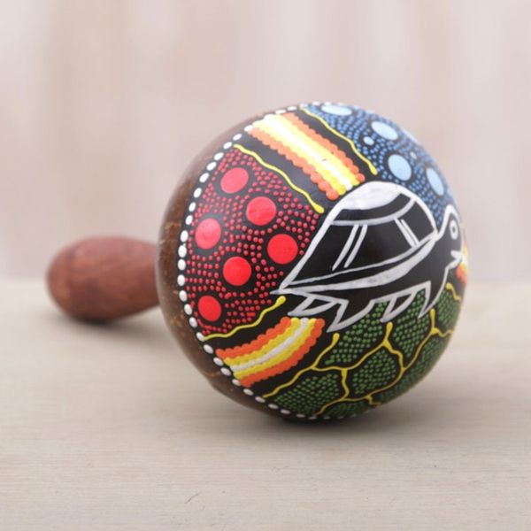 Alternate image for Turtle-Theme Mahogany and Coconut Shell Maraca from Bali Turtle Rhythm