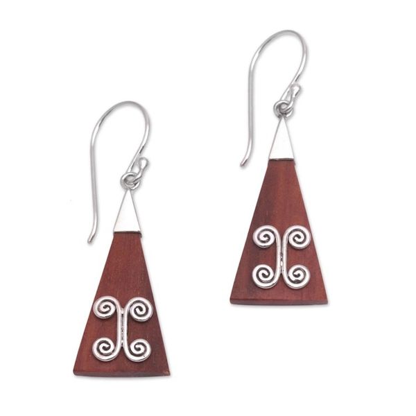 Alternate image for Wood Triangle Sterling Silver Swirl Modern Dangle Earrings Reach