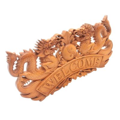 Alternate image for Dragon-Themed Suar Wood Wall Sign Dragon Welcome
