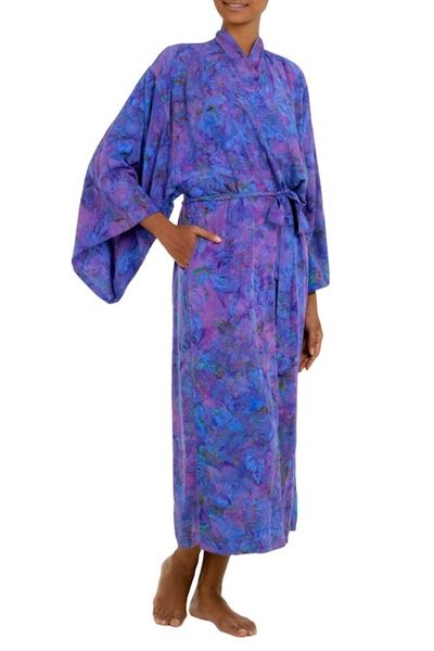 Alternate image for Handcrafted Purple Batik Rayon Robe from Indonesia Purple Mist