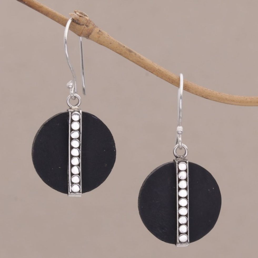 Dot Motif Lava Stone and Sterling Silver Earrings from Bali 'Dotted Discs'