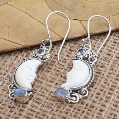 Alternate image for Hand Crafted Blue Topaz and Rainbow Moonstone Earrings Blue Light