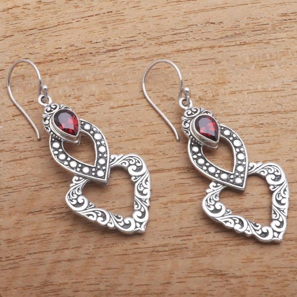 Alternate image for Heart-Shaped Faceted Garnet Dangle Earrings from Bali Hearts of Waves