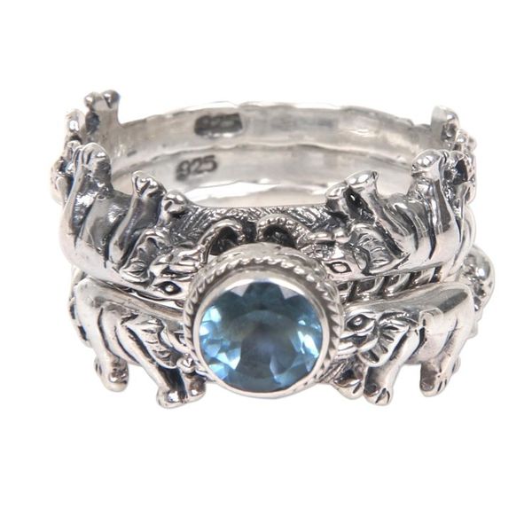 Alternate image for Blue Topaz and Silver Stacking Rings Set of 3 Indonesia Elephant Shrine