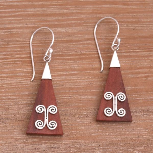 Alternate image for Wood Triangle Sterling Silver Swirl Modern Dangle Earrings Reach