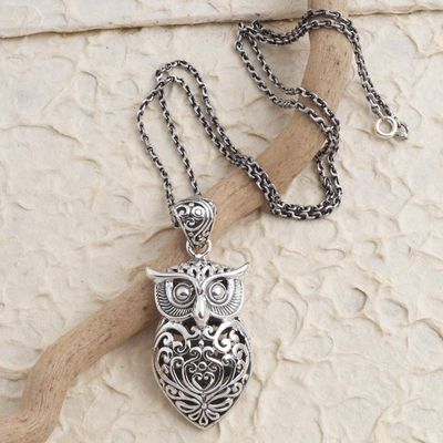 Alternate image for Hand Crafted Sterling Silver Owl Pendant Necklace Knowing Owl