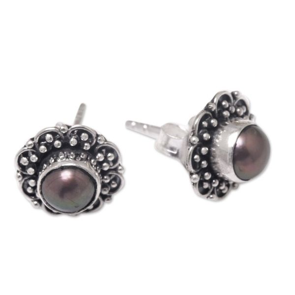 Alternate image for Sterling Silver Floral Stud Earrings with Cultured Pearls Summer Bloom