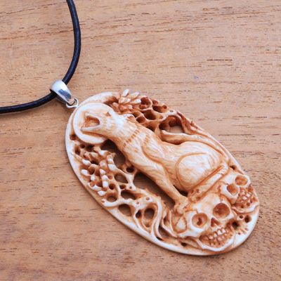 Alternate image for Hand-Carved Bone Wolf Pendant Necklace from Bali Setra Wolf
