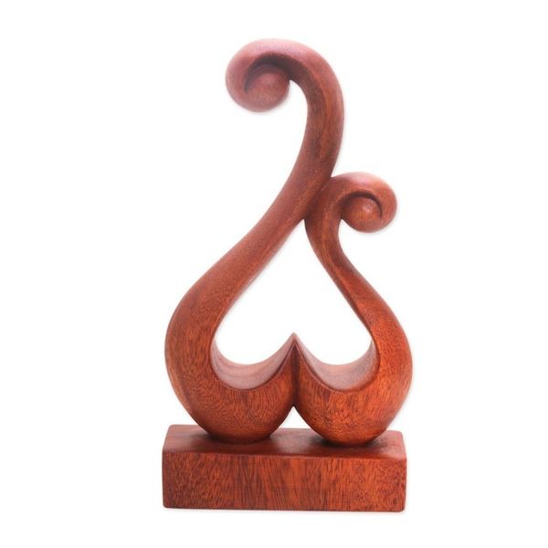 Alternate image for Hand Carved Suar Wood Abstract Heart Sculpture Lovers Bloom
