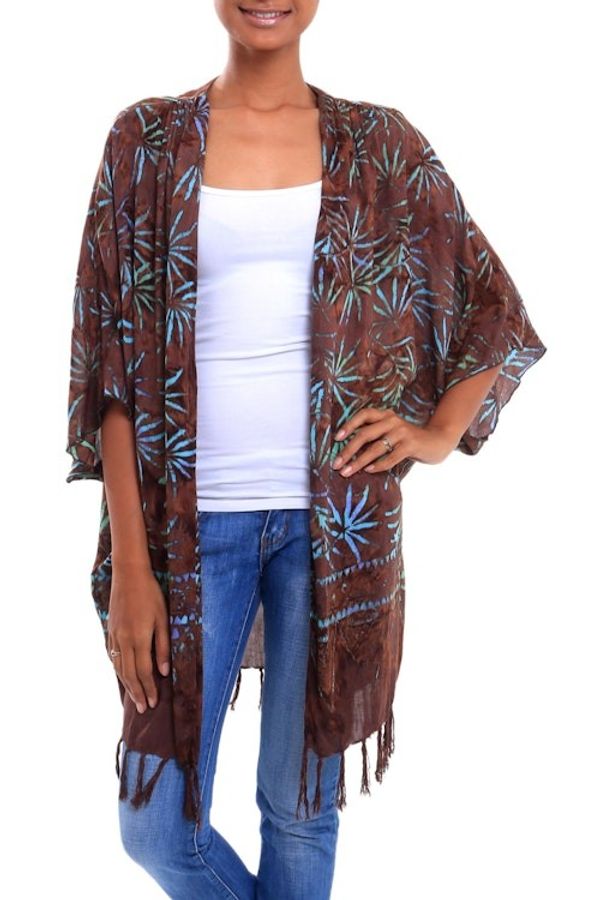 Alternate image for Leaf Motif Batik Rayon Kimono Jacket in Brown from Bali Denpasar Lady in Brown