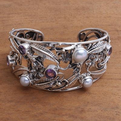 Alternate image for Floral 925 Silver Cuff Bracelet with Amethysts and Pearls Temple Garden