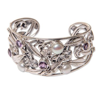 Alternate image for Floral 925 Silver Cuff Bracelet with Amethysts and Pearls Temple Garden