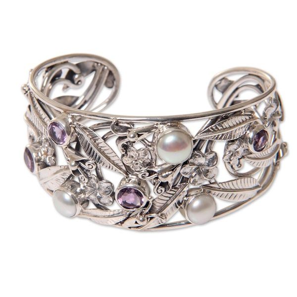 Alternate image for Floral 925 Silver Cuff Bracelet with Amethysts and Pearls Temple Garden