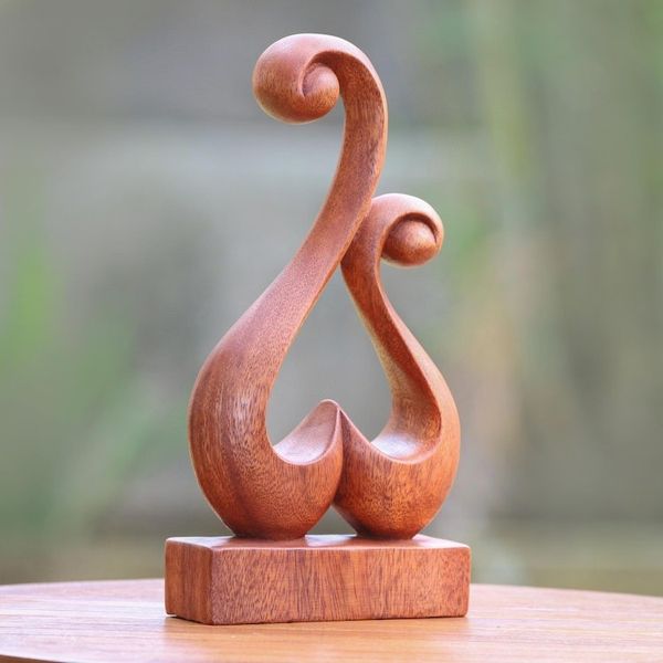 Alternate image for Hand Carved Suar Wood Abstract Heart Sculpture Lovers Bloom