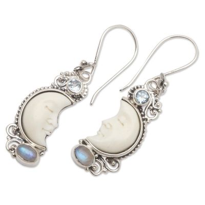 Alternate image for Hand Crafted Blue Topaz and Rainbow Moonstone Earrings Blue Light