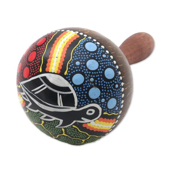 Alternate image for Turtle-Theme Mahogany and Coconut Shell Maraca from Bali Turtle Rhythm
