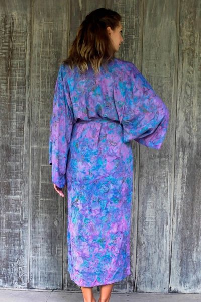 Alternate image for Handcrafted Purple Batik Rayon Robe from Indonesia Purple Mist