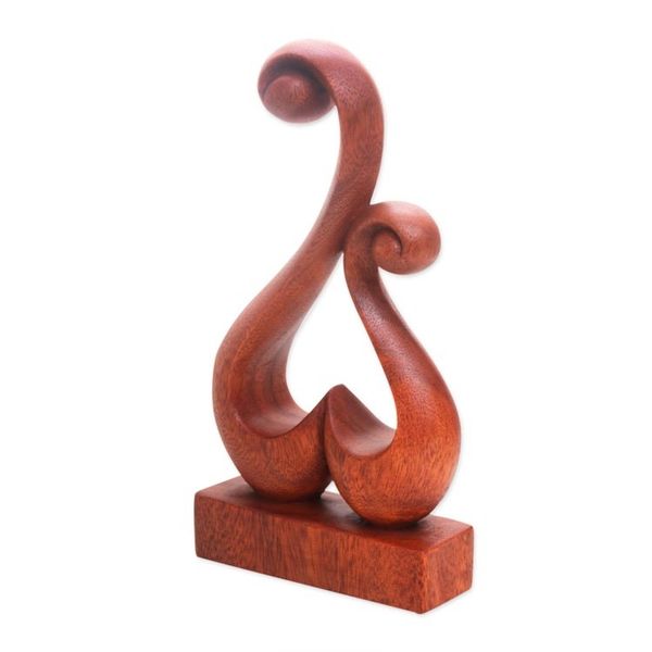Alternate image for Hand Carved Suar Wood Abstract Heart Sculpture Lovers Bloom