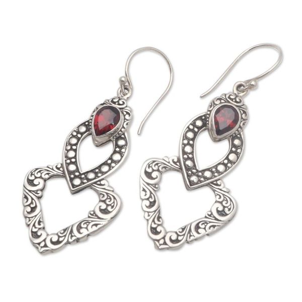 Alternate image for Heart-Shaped Faceted Garnet Dangle Earrings from Bali Hearts of Waves