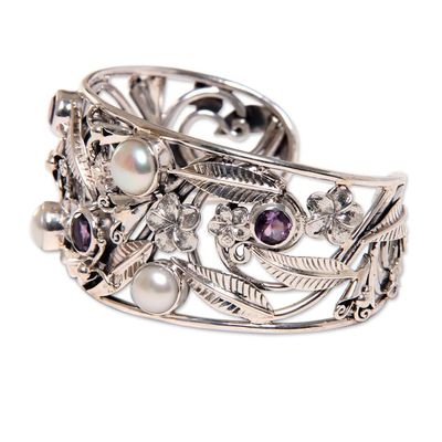 Alternate image for Floral 925 Silver Cuff Bracelet with Amethysts and Pearls Temple Garden
