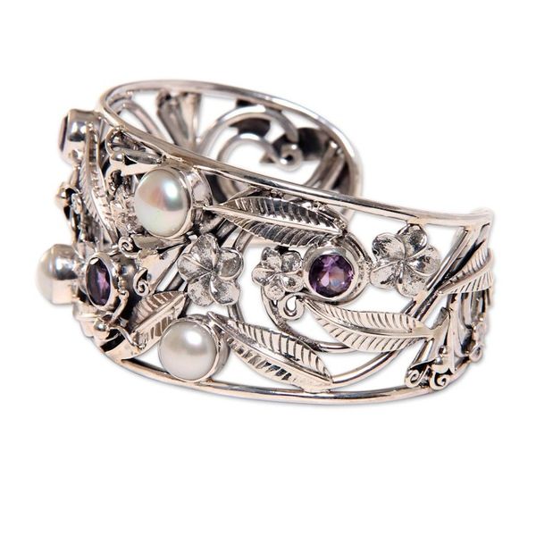 Alternate image for Floral 925 Silver Cuff Bracelet with Amethysts and Pearls Temple Garden