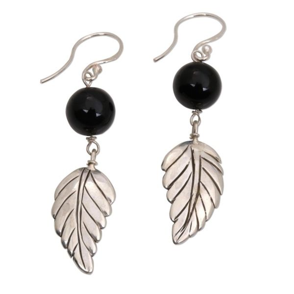Alternate image for Black Onyx Leaf Dangle Earrings from Indonesia Lucky Manggis