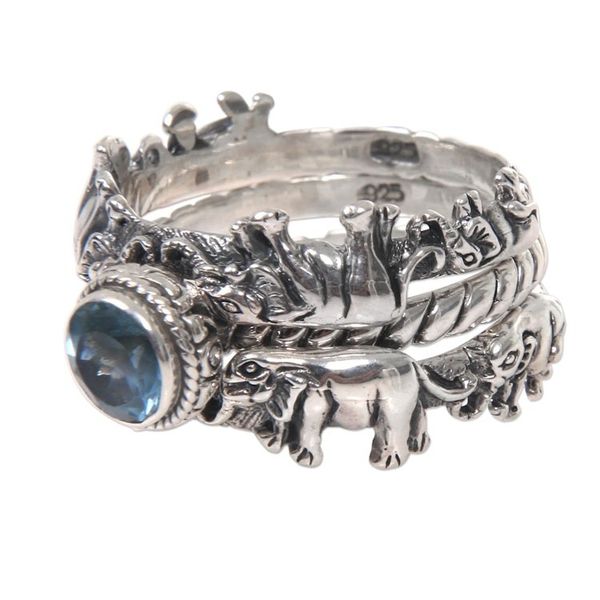 Alternate image for Blue Topaz and Silver Stacking Rings Set of 3 Indonesia Elephant Shrine