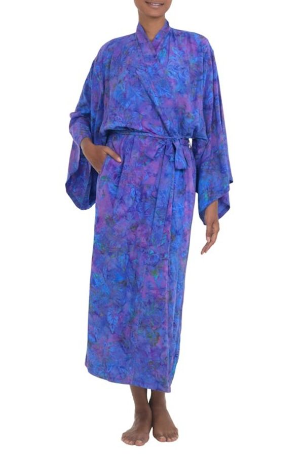 Alternate image for Handcrafted Purple Batik Rayon Robe from Indonesia Purple Mist