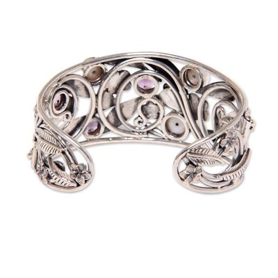 Alternate image for Floral 925 Silver Cuff Bracelet with Amethysts and Pearls Temple Garden