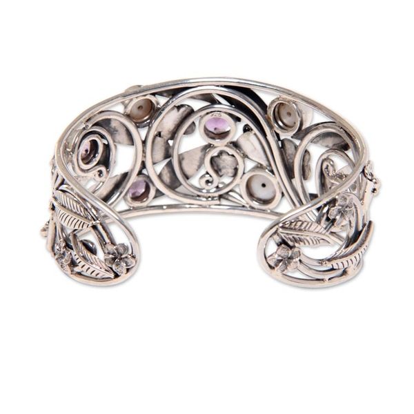 Alternate image for Floral 925 Silver Cuff Bracelet with Amethysts and Pearls Temple Garden