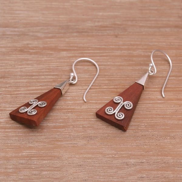 Alternate image for Wood Triangle Sterling Silver Swirl Modern Dangle Earrings Reach