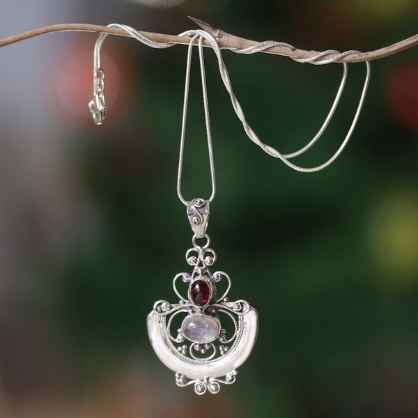 Alternate image for Indonesian Sterling Silver and Rainbow Moonstone Necklace Arabesque