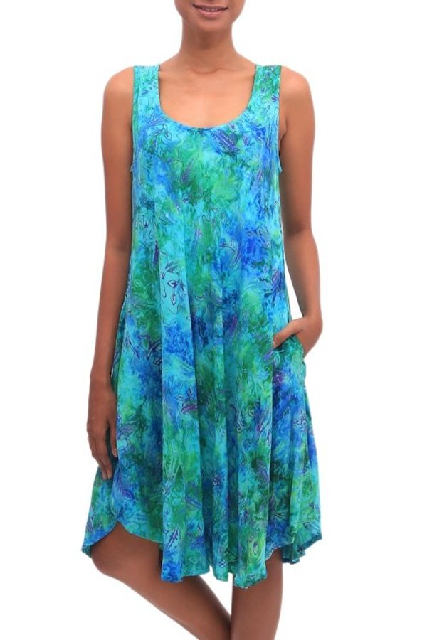Alternate image for Blue and Green Tie-Dyed Batik Leaves Sleeveless Rayon Dress Leafy Path