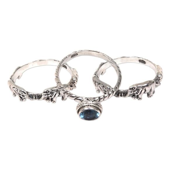Alternate image for Blue Topaz and Silver Stacking Rings Set of 3 Indonesia Elephant Shrine