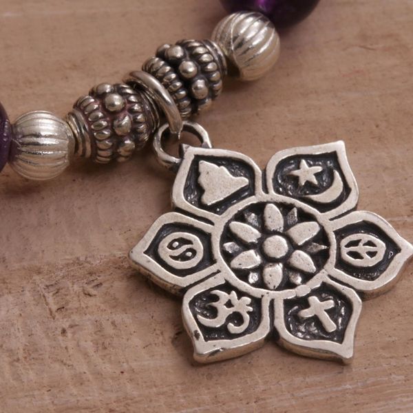 Alternate image for Amethyst Religious Beaded Stretch Bracelet from Bali Unity Flower