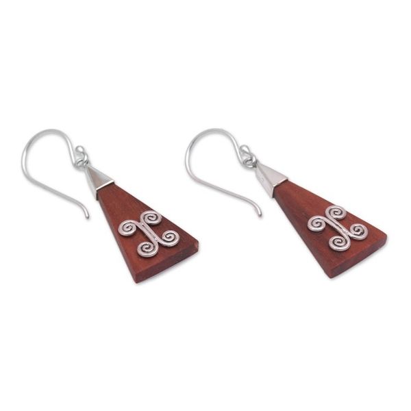 Alternate image for Wood Triangle Sterling Silver Swirl Modern Dangle Earrings Reach