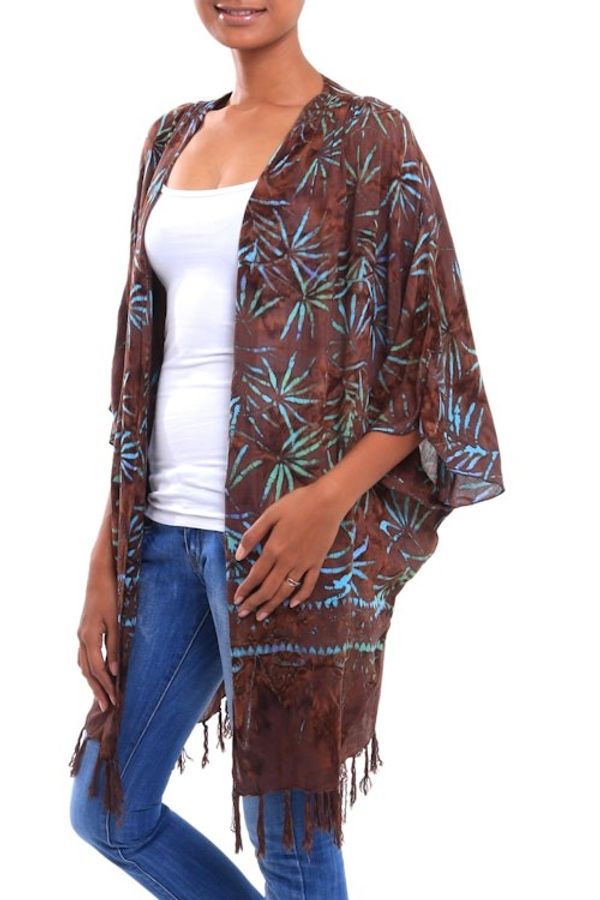Alternate image for Leaf Motif Batik Rayon Kimono Jacket in Brown from Bali Denpasar Lady in Brown