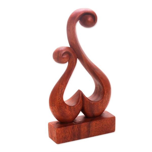Alternate image for Hand Carved Suar Wood Abstract Heart Sculpture Lovers Bloom