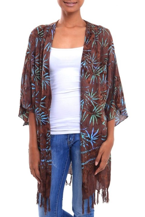 Alternate image for Leaf Motif Batik Rayon Kimono Jacket in Brown from Bali Denpasar Lady in Brown