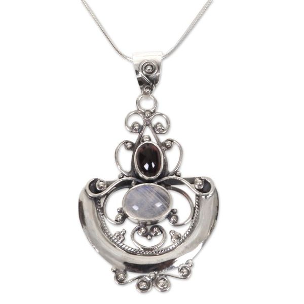 Alternate image for Indonesian Sterling Silver and Rainbow Moonstone Necklace Arabesque
