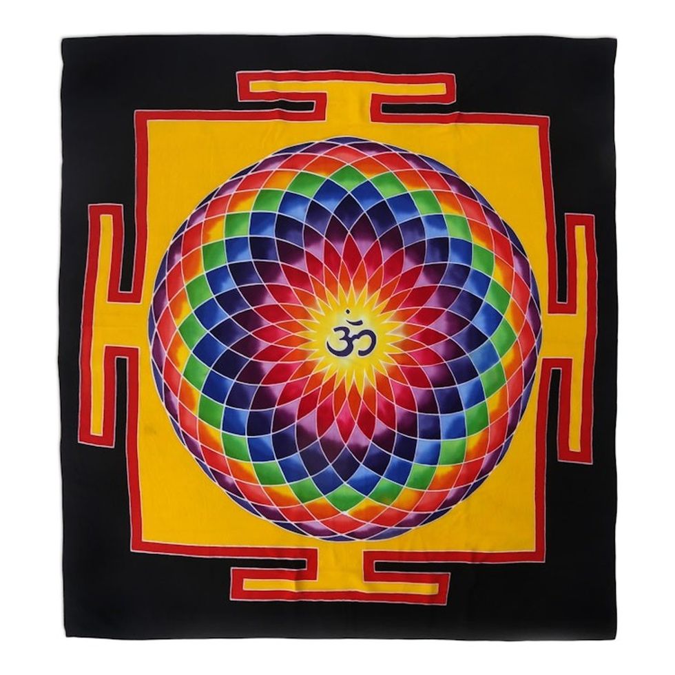 Om-Themed Batik Rayon Wall Hanging in Yellow from Bali 'Om Dream in Yellow'