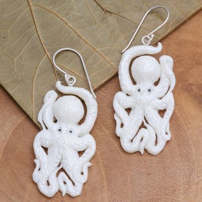 Alternate image for Hand-Carved Octopus Dangle Earrings from Bali Friendly Octopus