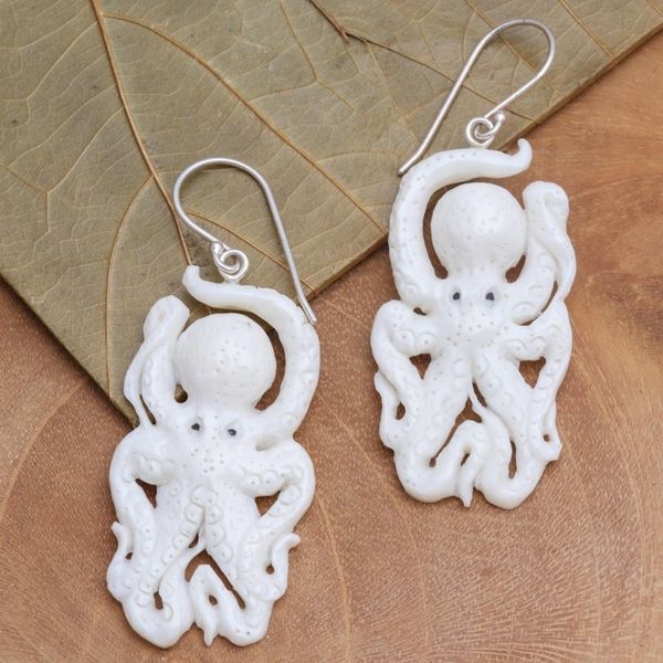 Alternate image for Hand-Carved Octopus Dangle Earrings from Bali Friendly Octopus