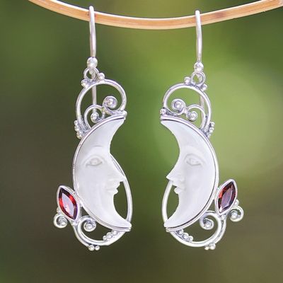 Alternate image for Garnet and Bone Crescent Moon Dangle Earrings from Bali Glittering Crescents