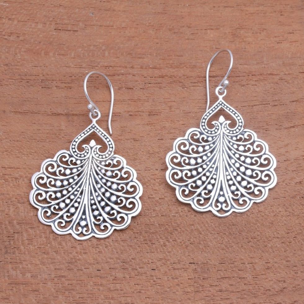 Fan Pattern Sterling Silver Dangle Earrings from Bali 'Peacock's Tail'