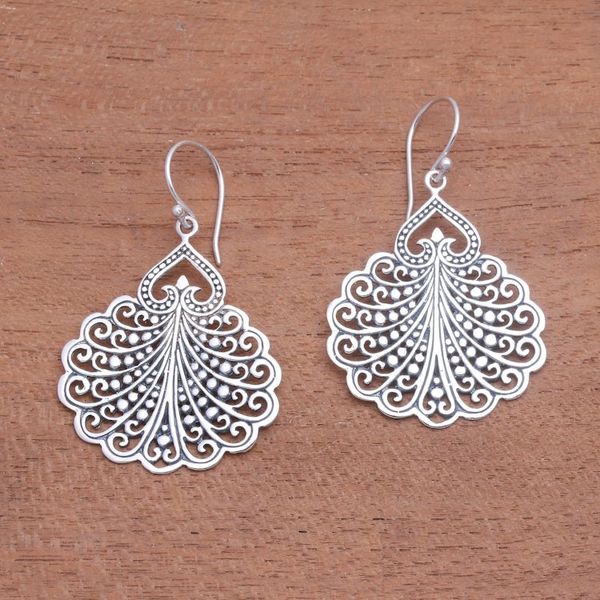 Alternate image for Fan Pattern Sterling Silver Dangle Earrings from Bali Peacocks Tail