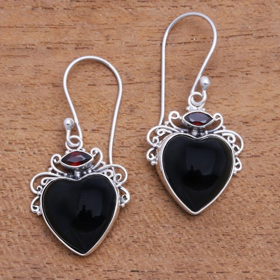 Heart-Shaped Garnet and Horn Dangle Earrings from Bali 'Dark Passion'